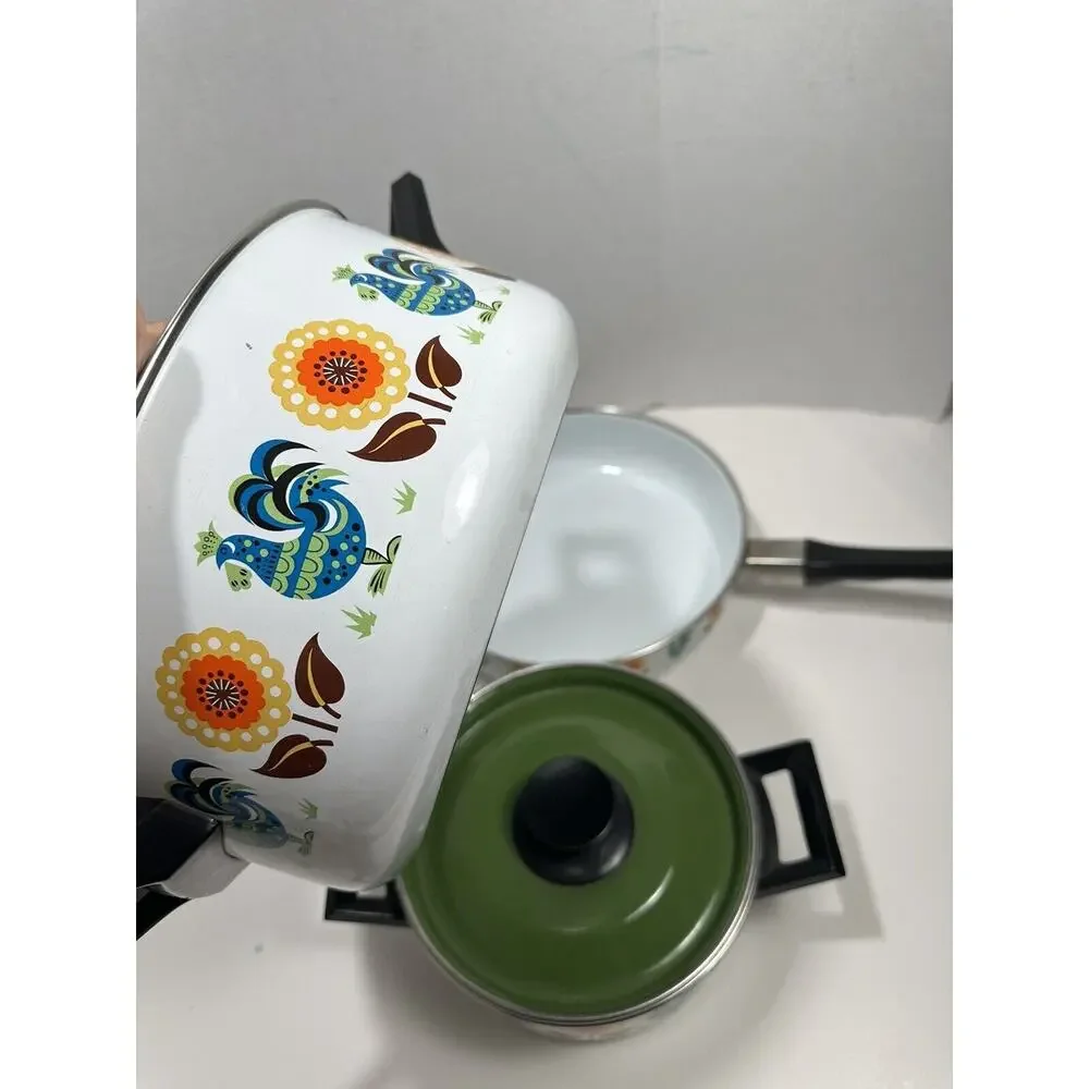 Vtg Lot 3 Enamel Stock Pots Rooster & Poppy Flower‎ 60s 70s Saucer Fry MCM RARE